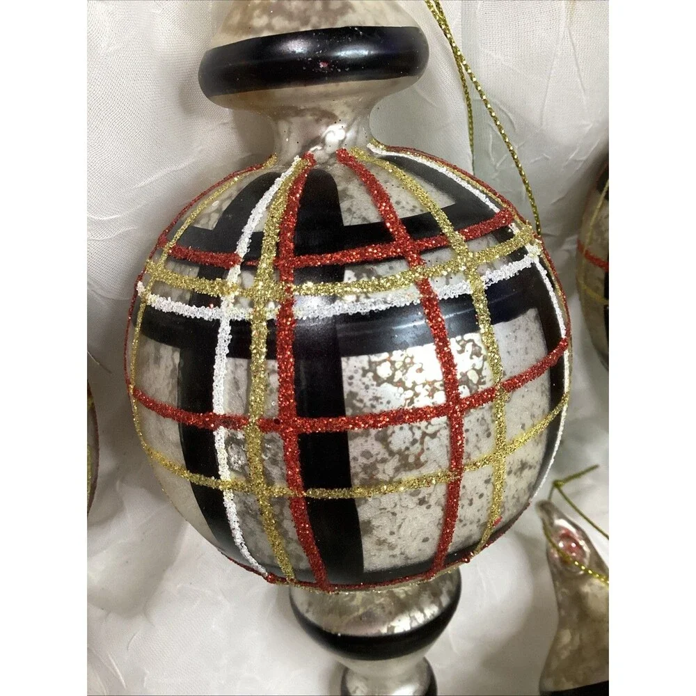 Mercury Glass Finial Christmas Plaid Ornaments X5 Black, Red, Gold & Silver 9